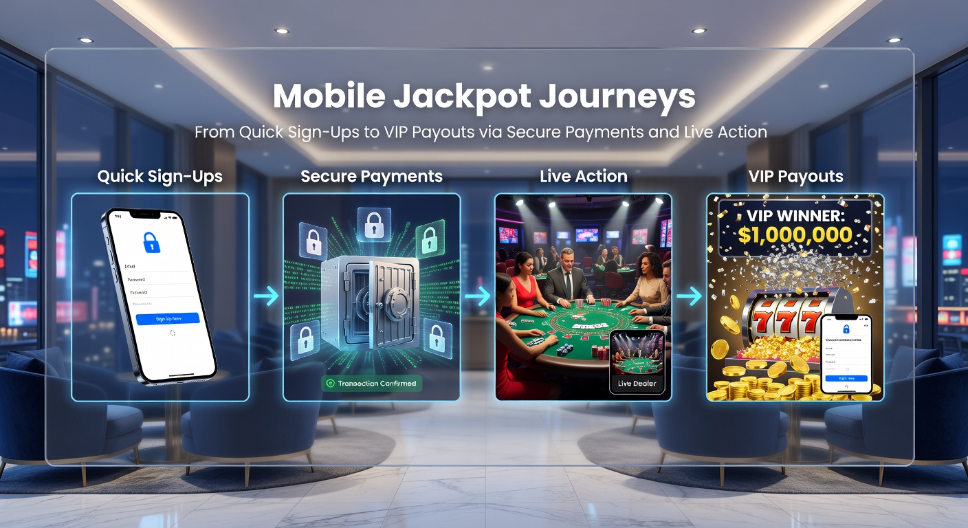 Illustration of a secure payment gateway on a mobile device, showing icons for e-wallets, crypto transfers, and biometric locks alongside a VIP badge and jackpot ticker