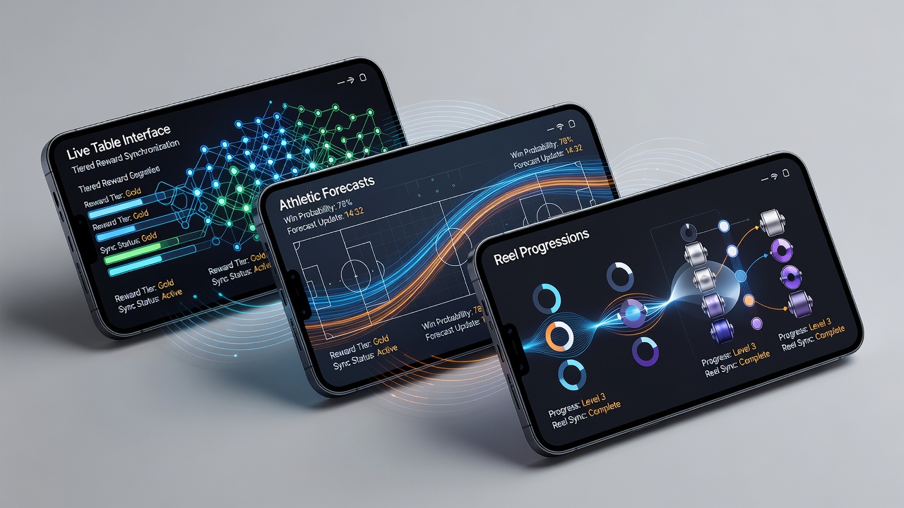 Mobile device displaying synchronized tiered rewards across live tables, sports forecasts, and slot reels