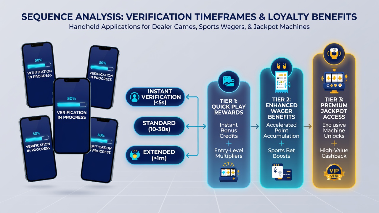 Mobile app interface showing verification sequence and loyalty tier progression for dealer games, sports wagers, and jackpot machines