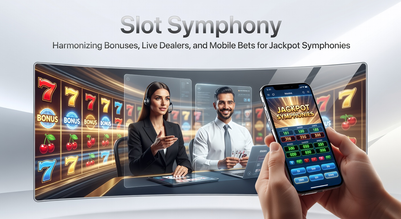 Dynamic illustration of slot reels blending with live dealer tables and mobile screens, evoking a symphony of jackpot wins