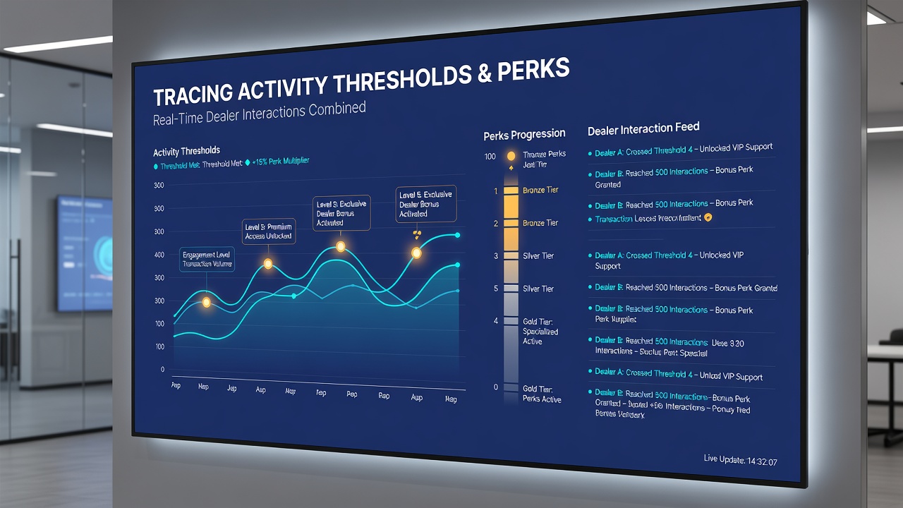Dashboard view displaying activity thresholds, live dealer table access, and event wagering progress with tier indicators