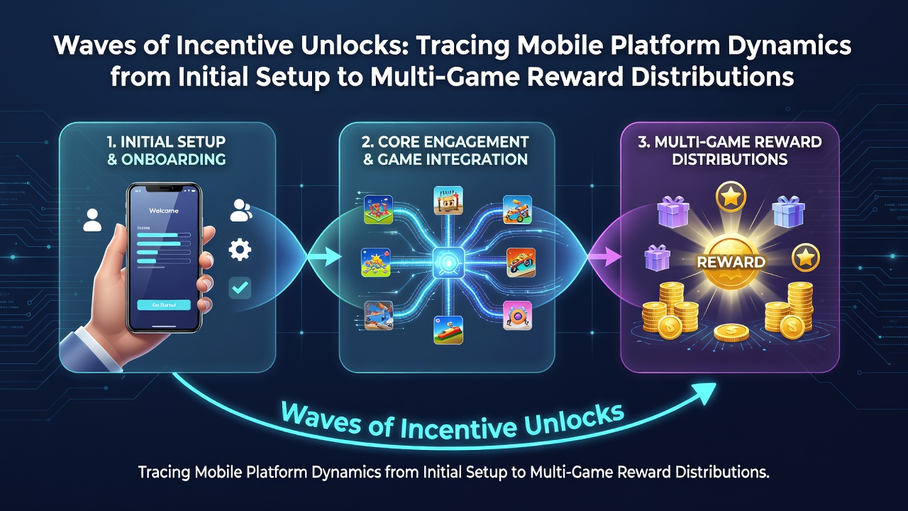Mobile platform interface showing initial account setup and first-wave incentive unlocks on a smartphone screen